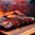 Authentic smoked meat being sliced on a rustic wooden board, highlighting flavor and texture