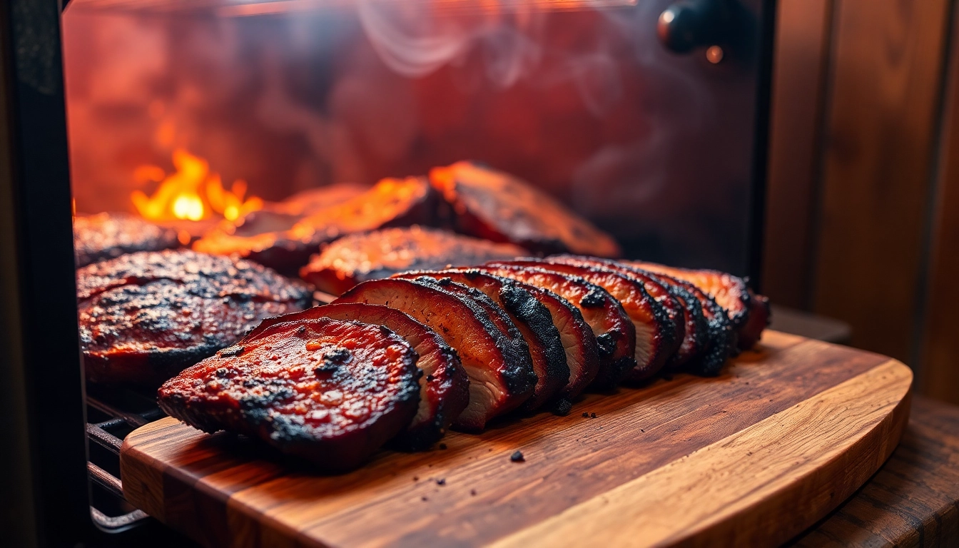 Authentic smoked meat being sliced on a rustic wooden board, highlighting flavor and texture