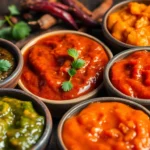 Assorted cooking paste and chutney varieties including garlic, ginger, green chili, and mango