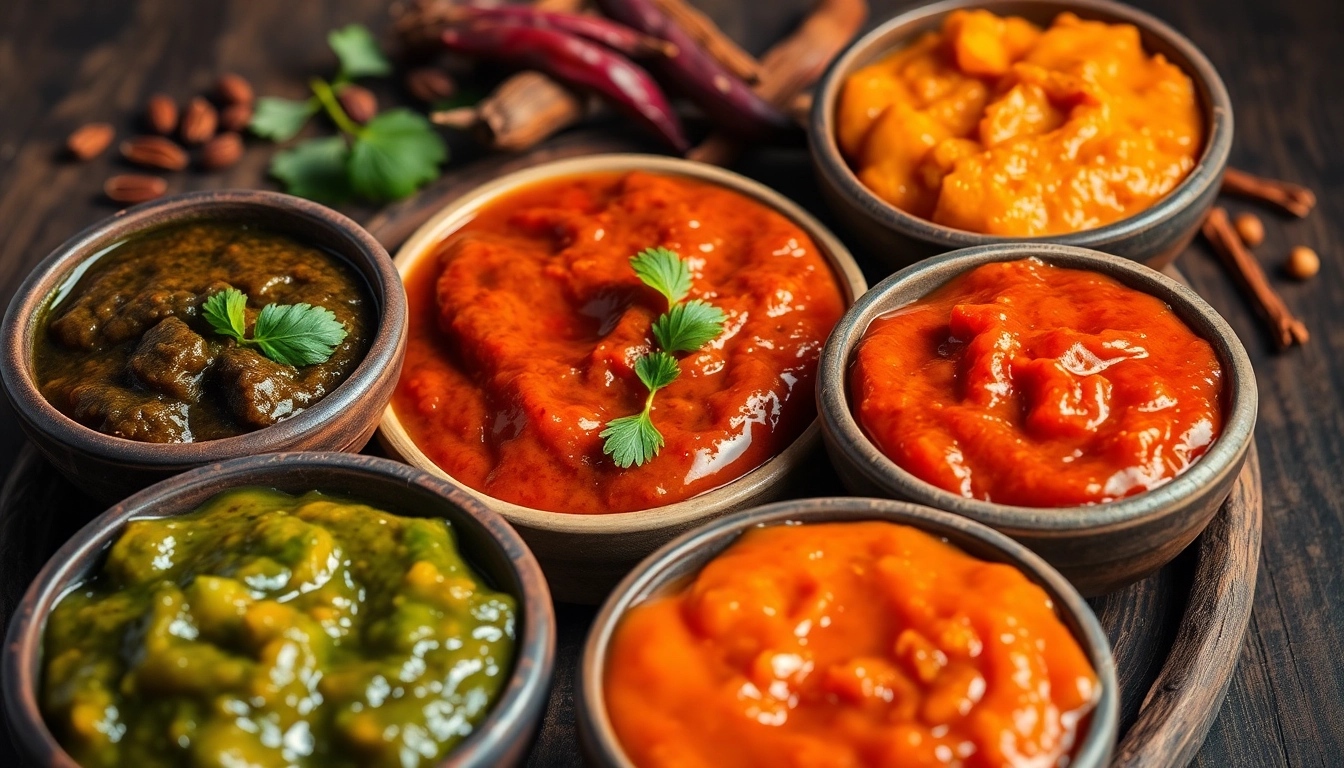 Assorted cooking paste and chutney varieties including garlic, ginger, green chili, and mango