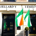 Embassy Of Ireland building with flags and official signage showcasing Irish diplomatic