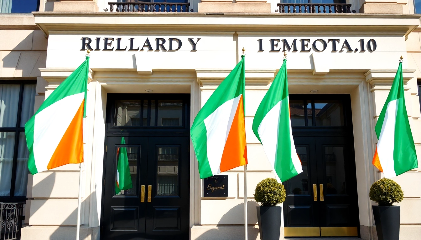Embassy Of Ireland building with flags and official signage showcasing Irish diplomatic
