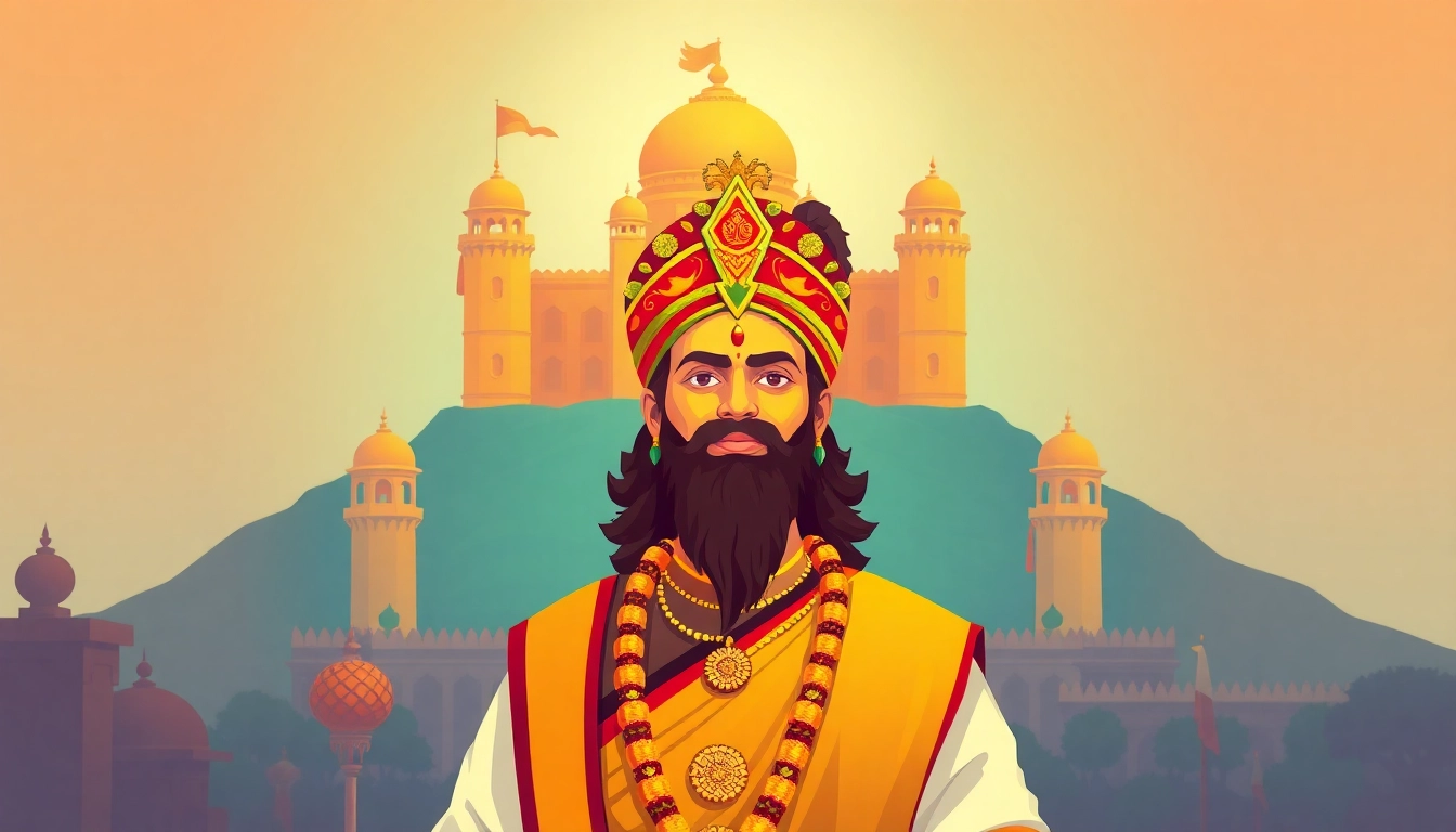 Visually striking depiction of Chhatrapati Shivaji Maharaj with a fort and Gujarati cultural