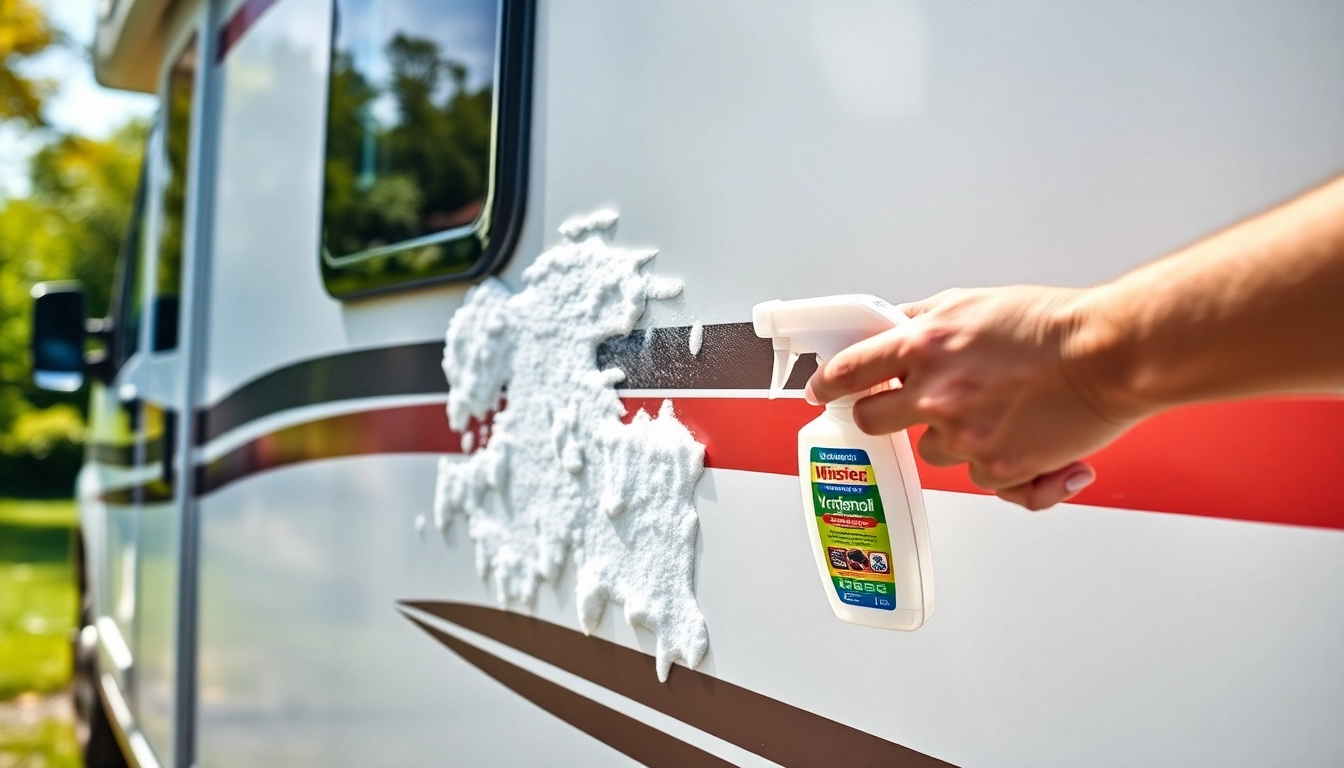 Effective Wohnmobilreiniger in action cleaning a shiny motorhome on a sunny day, highlighting